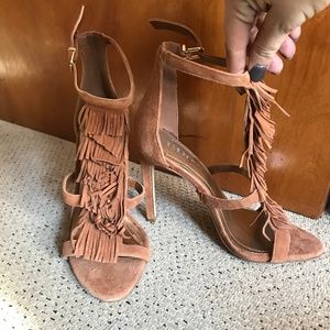 BCBG Suede Fringe Sandal Heels